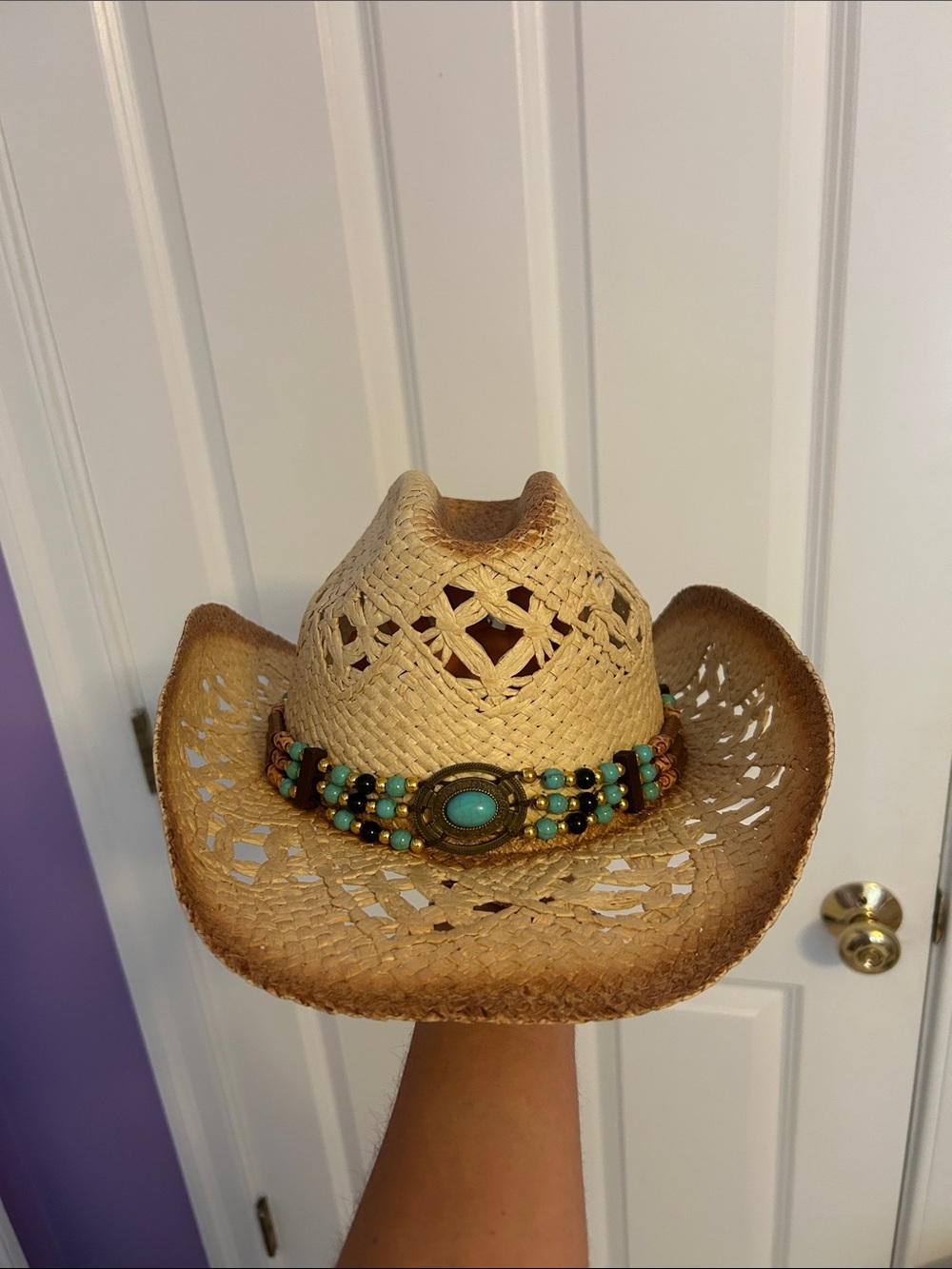 Scala Turquoise-Beaded Straw Cowboy Hat